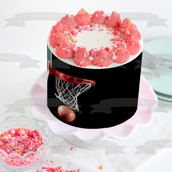 Basketball Goal with Basketball on Black Background Edible Cake Topper Image ABPID00783 Supply