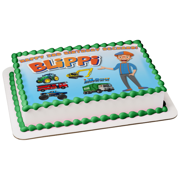 Blippi Youtube Youtuber Transportation Tractor Excavator Fire Truck Train Monster Truck Garbage Truck Edible Cake Topper Image ABPID50827 Online now