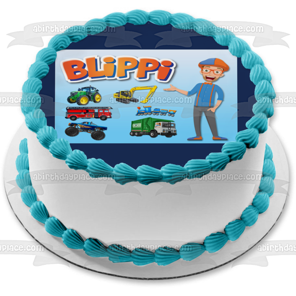 Blippi Youtube Youtuber Transportation Tractor Excavator Fire Truck Train Monster Truck Garbage Truck Edible Cake Topper Image ABPID50827 Online now